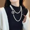 Модное многослойное ожерелье с камелией и жемчугом для женщин - Универсальная длинная цепочка-свитер для осени/зимы