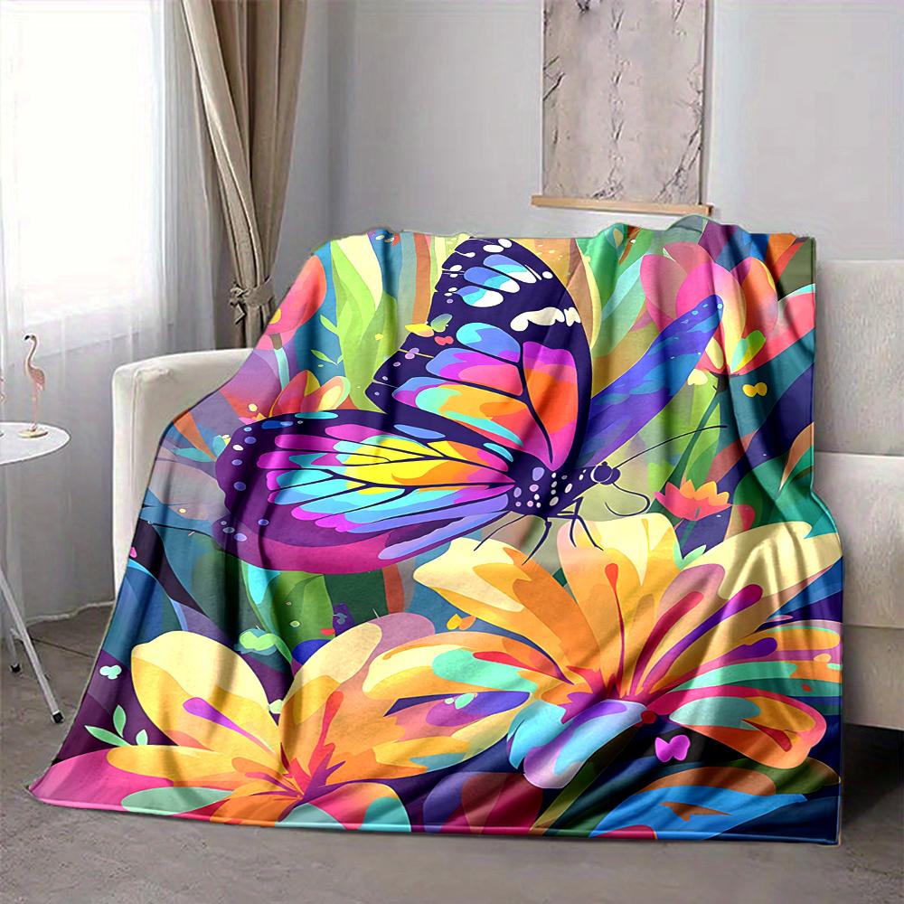 1Pc Colorful Butterfly Garden Flannel Blanket, Soft And Comfortable, Casual Warm, Camping Travel, Christmas, Halloween Xmas Gift. Eg13