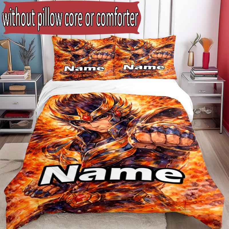3pcs Duvet Cover Set (1*Duvet Cover + 2*Pillowcase, Without Core), Custom Name Saint Seiya Pattern Bedding Set, Home Bedroom Decor Gift