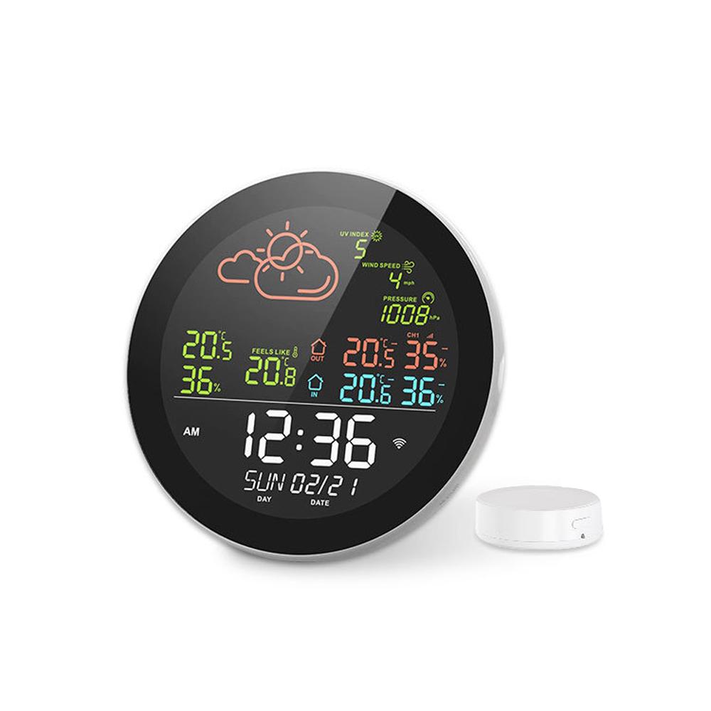 Tuya Wifi Multifunctional Home/Office Weather Station Color Digital Display Clock Outdoor and Indoor Temperature Tester Hygrometer Weather Forecast T