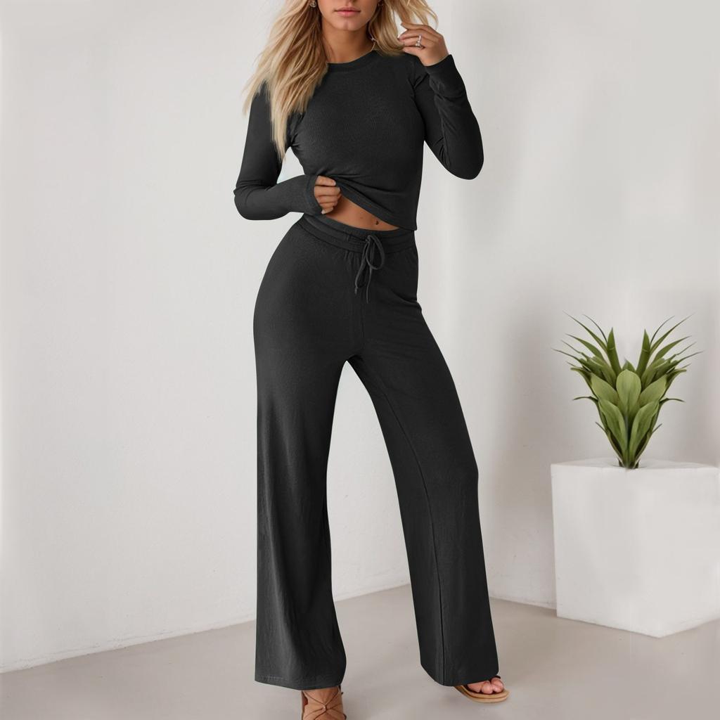 Женская спортивная одежда, повседневный короткий топ, длинные брюки, однотонный комплект из двух предметов, комплект с длинными рукавами