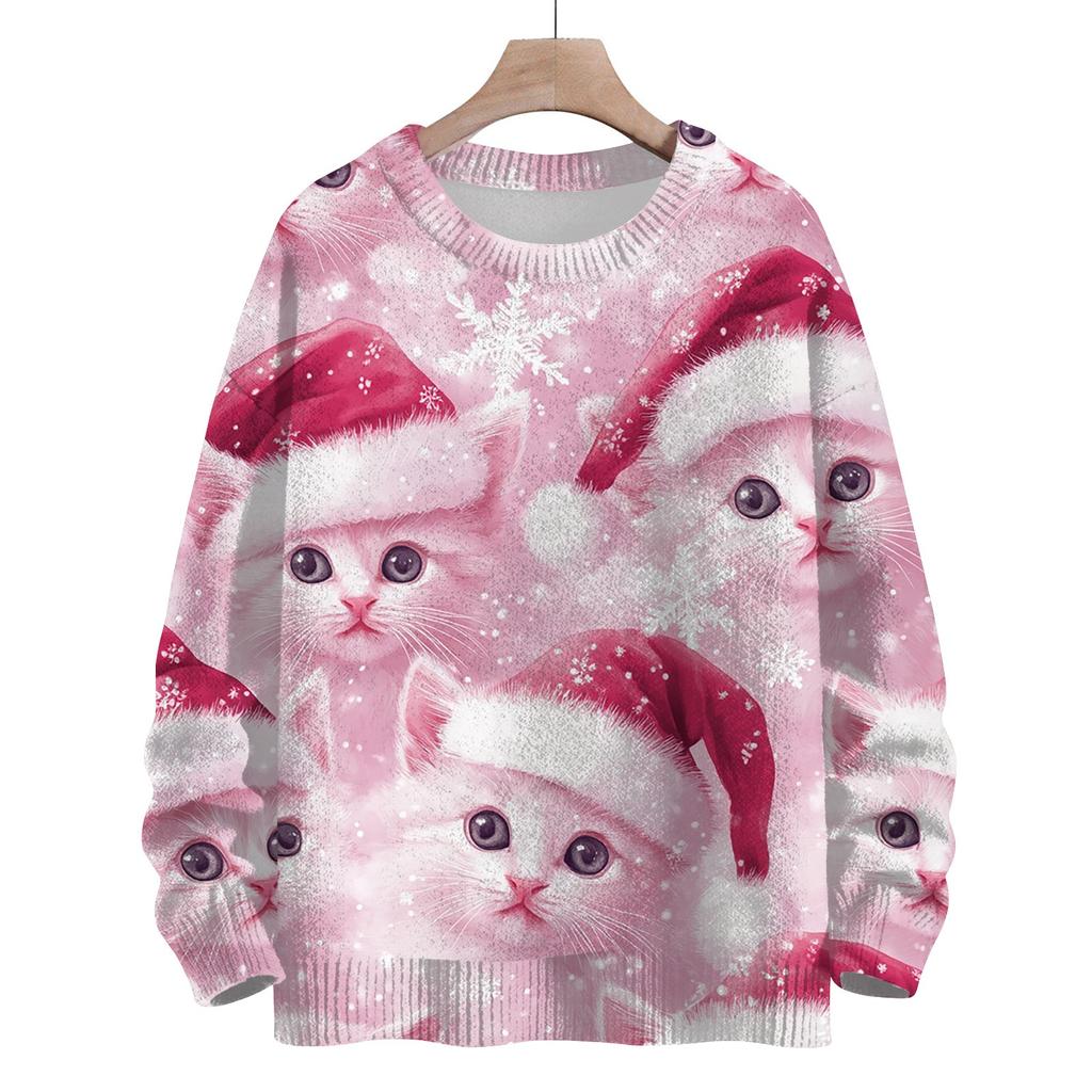 Женская мода круглый вырез повседневный длинный рукав рождественский милый принт шерстяной трикотажный топ