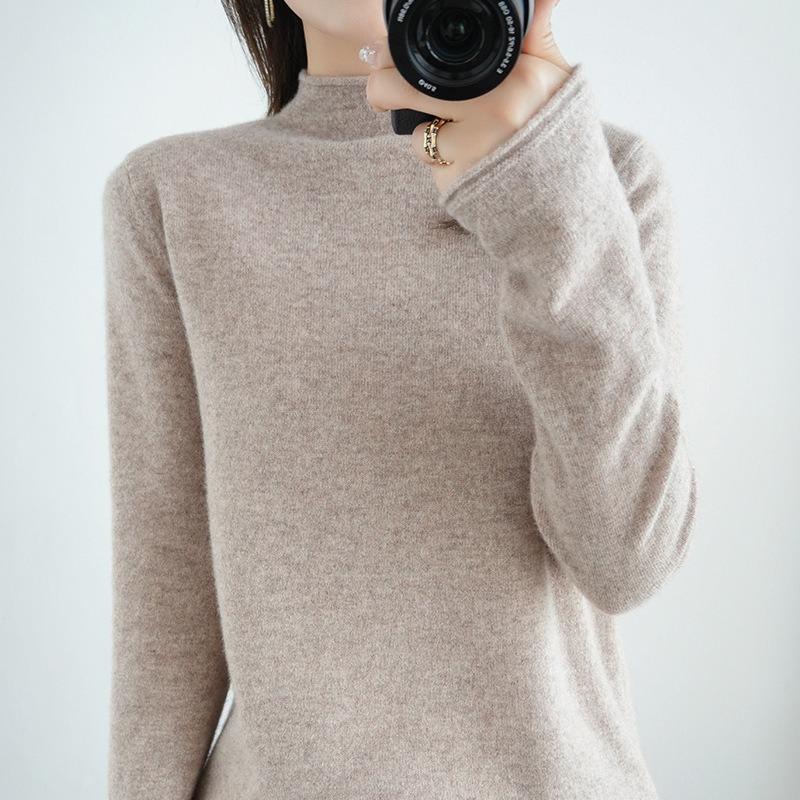 Осенне-зимний женский свитер из чистой шерсти, пуловер с полувысоким закругленным краем, свитер с длинными рукавами, тонкий трикотаж
