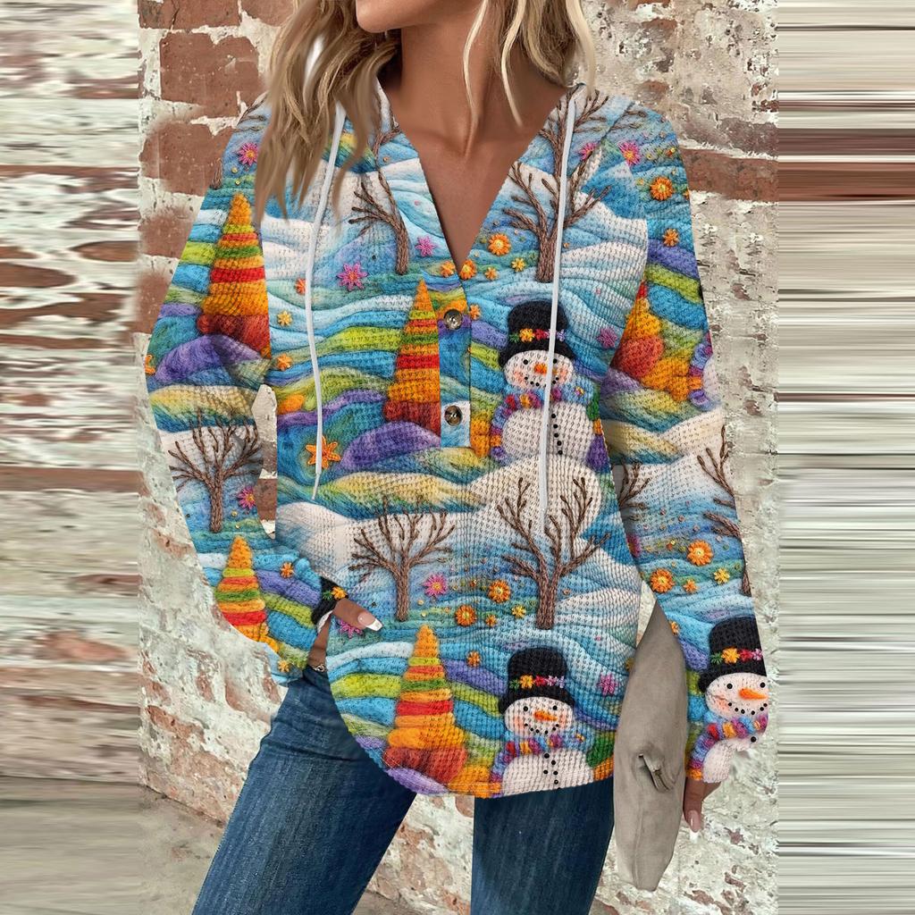 Женская мода с длинным рукавом, завязками на шнурке, капюшоном, пуговицами, V-образным вырезом, повседневная толстовка с капюшоном и рождественским принтом