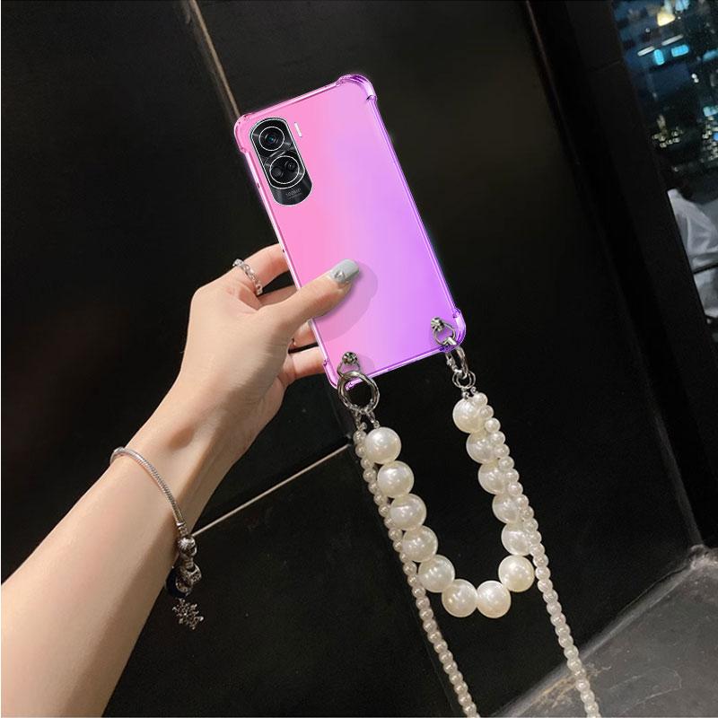 Прозрачный чехол с градиентом для Honor 90 Pro 80 70 60 50 40 30 20 Pro Plus Ultra Crossbody, жемчужный ремешок, ожерелье, браслет, противоударный прозрачный мягкий чехол