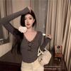 Women's Spring Slim Fit Bowknot Lace V-Neck Modal Cotton Long-Sleeve Shirt (260g)