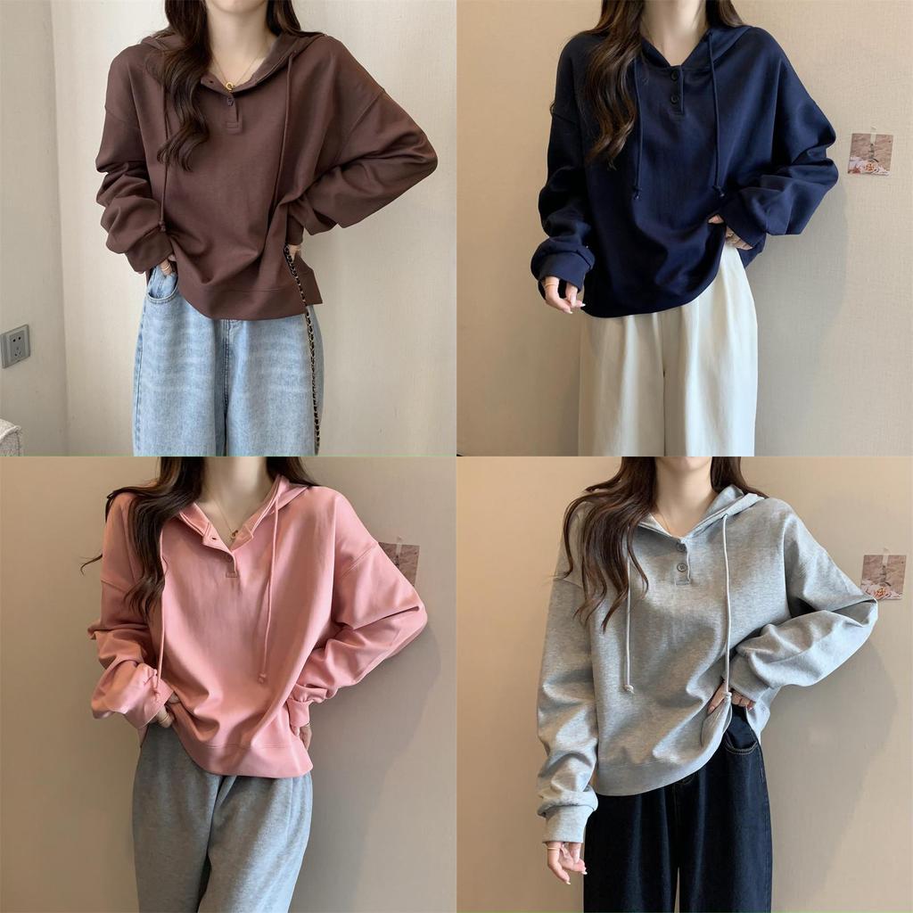 Womens Hoodie Spring Autumn Loose Fit Casual Sweater With Button Patches For Daily Wear