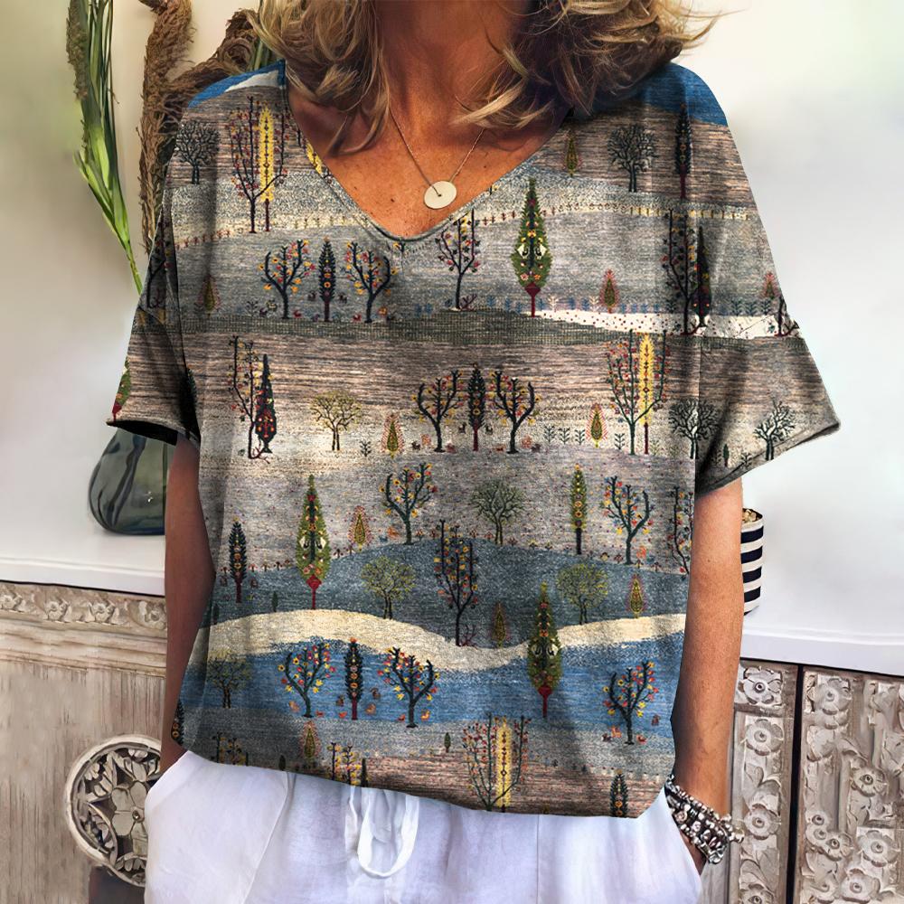 Summer Women's T-shirt Landscape V-neck T Shirt Ladies Fashion Short Sleeve Tops Retro Streetwear Fashion Clothes Female Casual