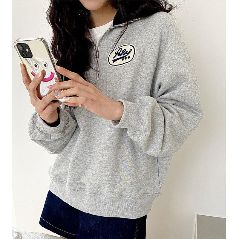 Женский ретро свитшот поло на молнии до середины - Маленький размер, Свободный крой, Корейский стиль, Весна/Осень 2025