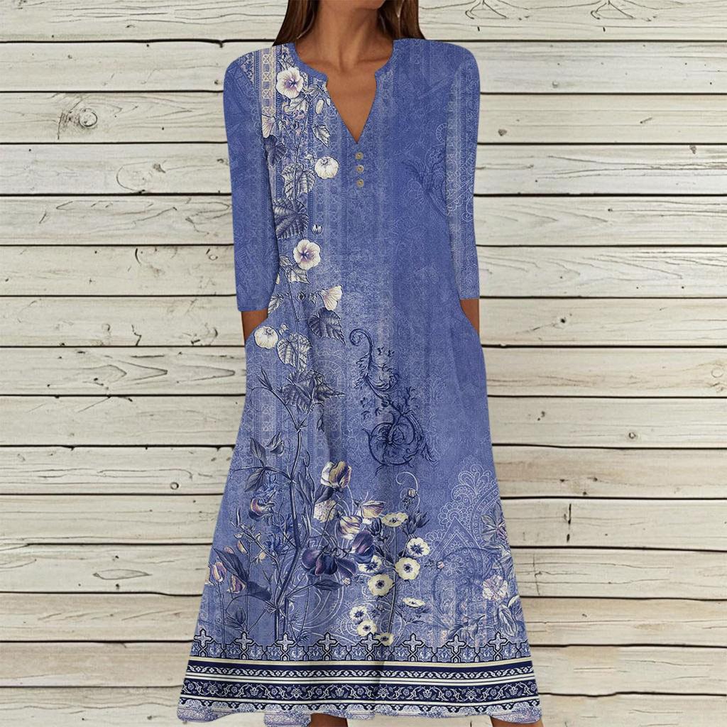 Женское летнее повседневное платье с V-образным вырезом на пуговицах, винтажным цветочным принтом, рукавом три четверти, длинное, с карманами