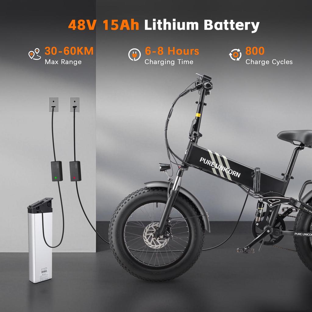 Складной электрический велосипед PURE UNICORN U4, мотор 1000 Вт, аккумулятор 48 В 15 Ач, широкие шины 20*4 дюйма, максимальная скорость 48 км/ч, запас хода 60 км, 7-скоростная трансмиссия Shimano