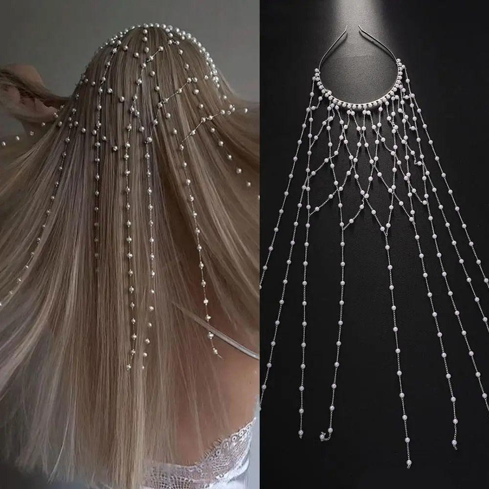 Imitation Pearl Bridal Hair Chain Hollow Mesh Tassel Headband Bridal Accessories