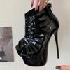 Street Design Narrow Band Peep Toe Platform Ankle Boots Women Sandals Sexy Thin High Heels Prom Zipper Punk Shoes