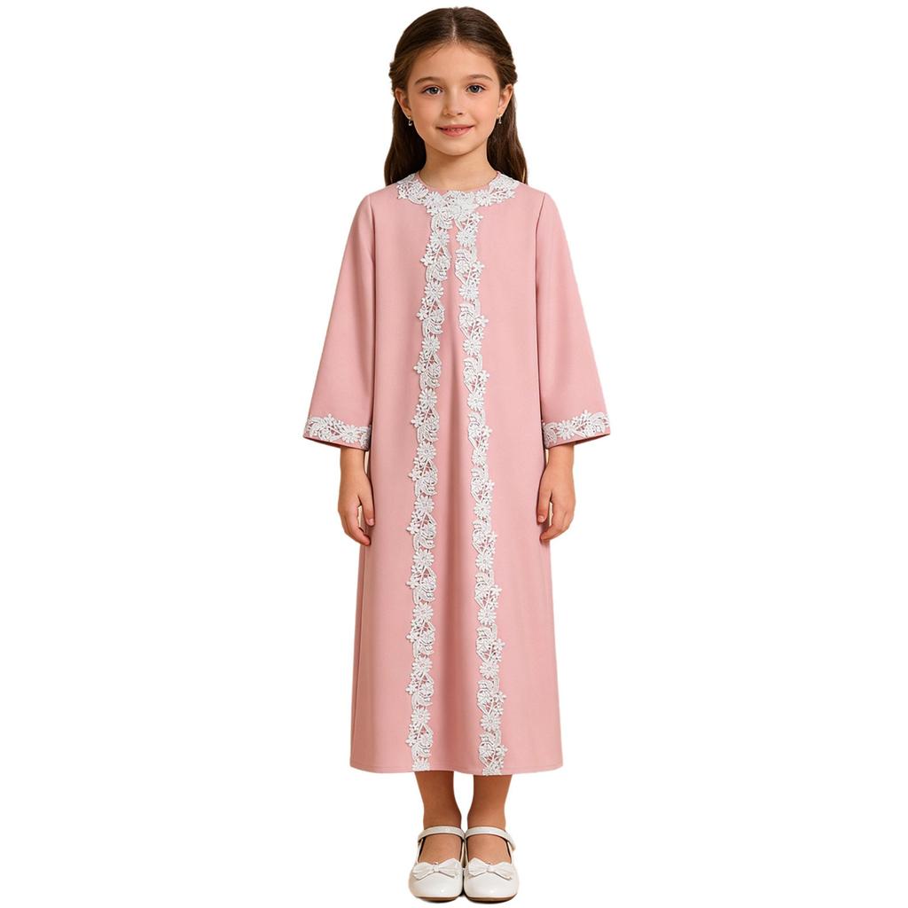 Girls Embroidered Lace Muslim Robe Abaya Round Neck Long Sleeve Back Invisible Zipper Loose Dress