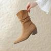Women's Shoes 2024 Autumn Hot Sale Slip On Women's Boots Pointed Toe Solid Flock Pleated Mid Heeled Concise Retro Short Boots