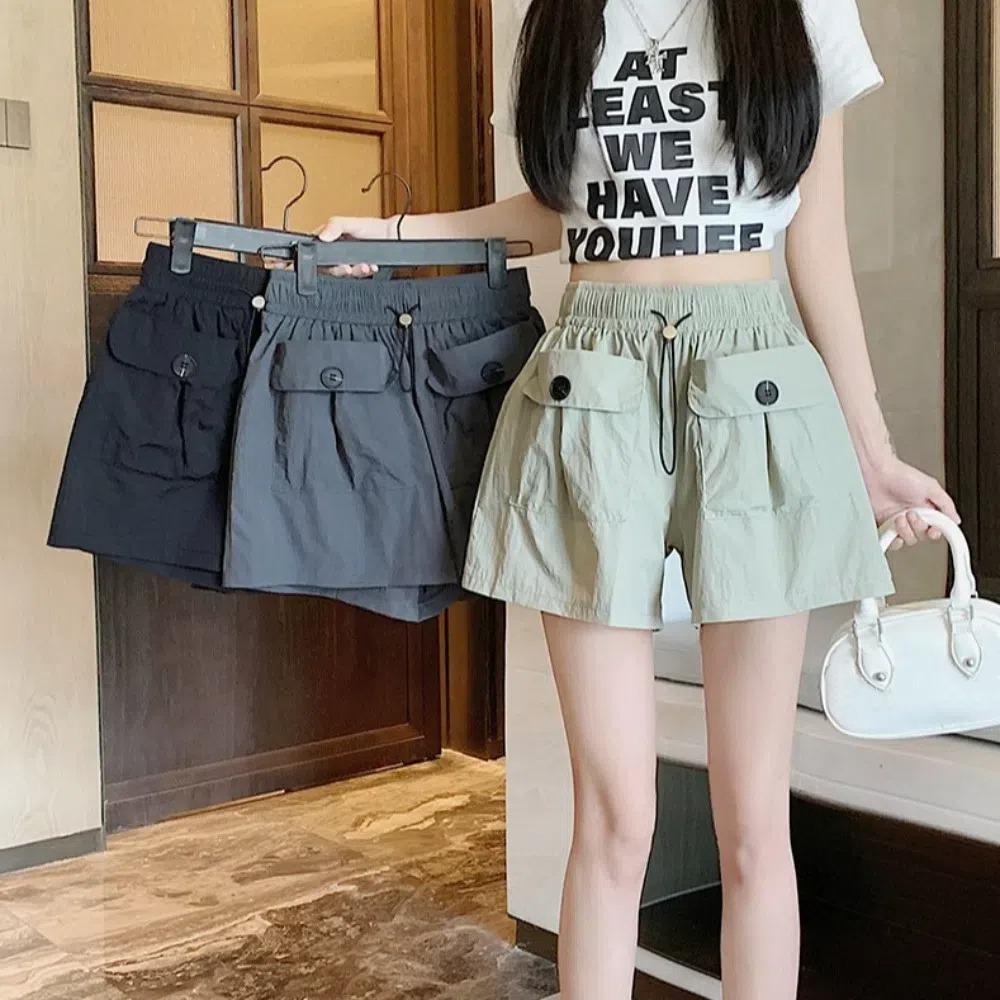 Lace Up Wide Half Leg Pants Drawstring Causal Shorts Women Simple Cargo Pants  Female