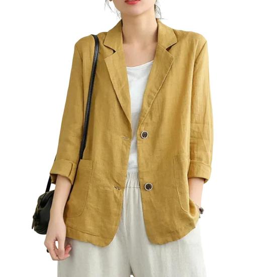 Cotton Linen Coat for Women Vintage Long Sleeve Blazer Jacket Casual Lapel 2 Buttons Thin