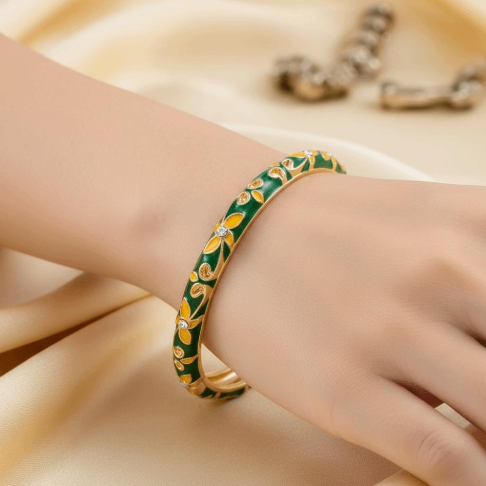 Lightweight Metal Cloisonne Floral Bangle Rhinestone Thin Bracelet  Holiday Presents