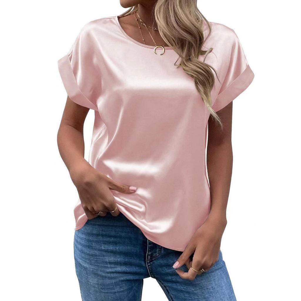 Spring and Summer New Women's Short Sleeve Satin Shirt Loose Casual Round Neck Colored Ding T-shirt Women