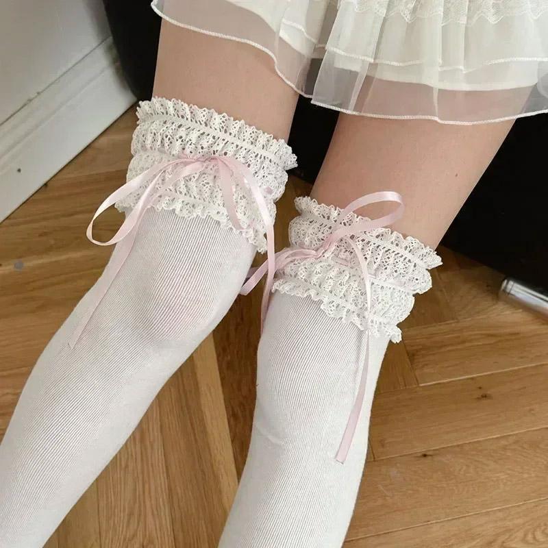 Lolita Over Knee-high Socks Cotton Sweet Lace Bow Ribbon Kawaii Calf-length Socks Thigh-high Stockings JK Cosplay Accessories