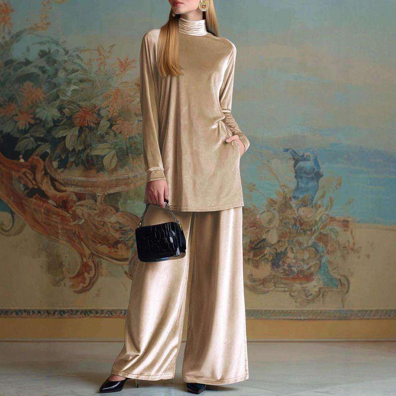 Gold Velvet Loose Top Wide Leg Pants Set