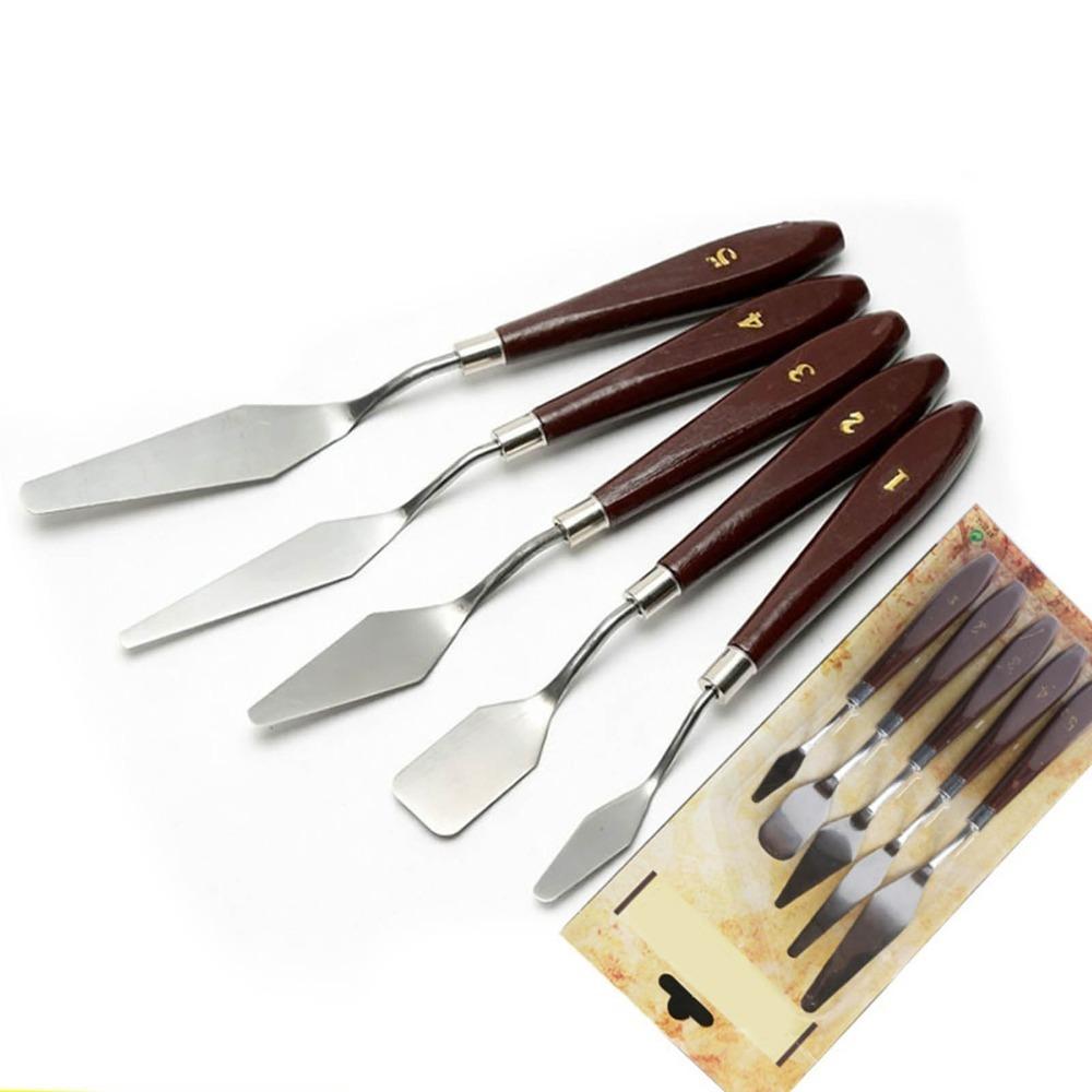 5PCS Wooden Handle Paint Mixing Spatula Metal Working Head Smooth Polished Body Art Painting Scraper Diversified Head Shapes