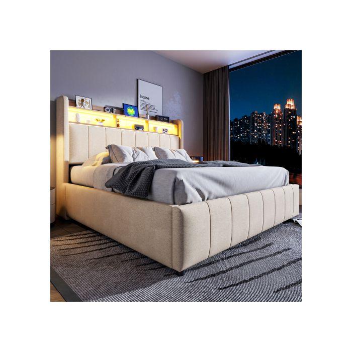Lit rembourré 160*200 cm, avec éclairage LED et prise USB, tissu de lin beige