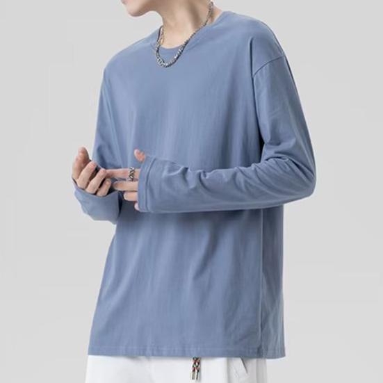 Men T-shirt Round Neck Long Sleeve Solid Color Pullover Tops Loose Fit Soft Breathable Tee Shirt Home Gym Street Wear