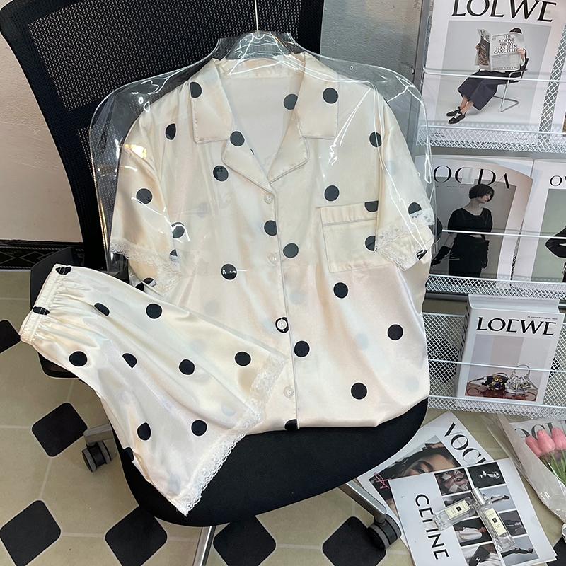 Летняя новая женская милая атласная пижама с цветочным принтом, короткий рукав + брюки, женская милая домашняя одежда, повседневная одежда