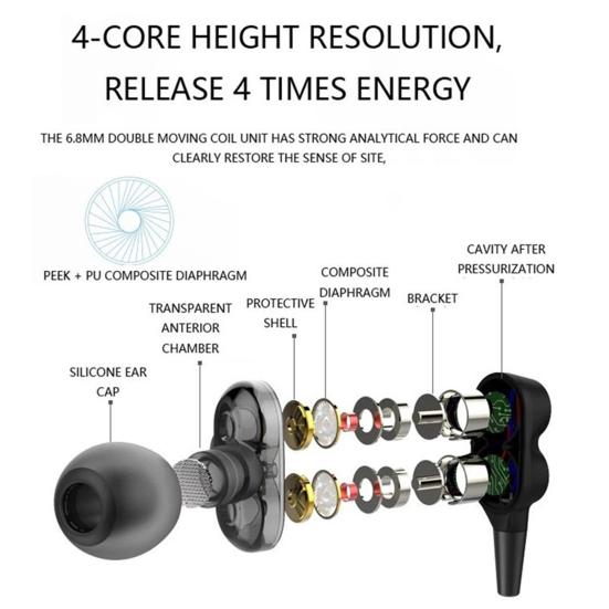 A4 Универсальный проводной динамический сабвуфер с управлением, двойные наушники-вкладыши, гарнитура