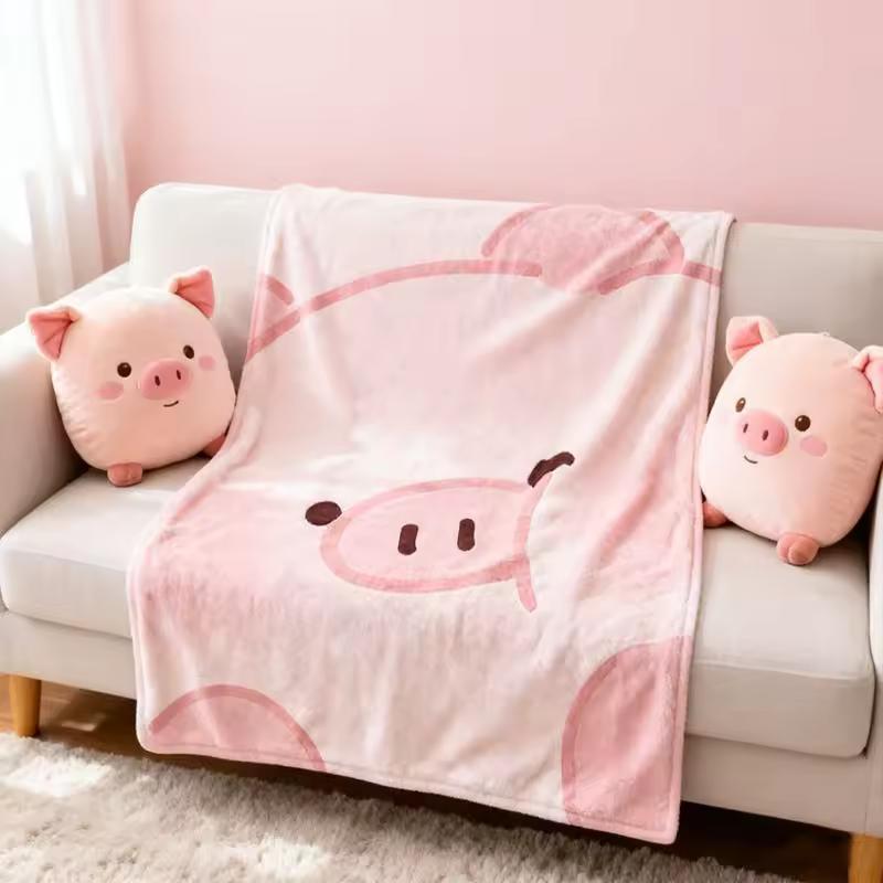 VIKAMA Cute Pink Pig Flannel Throw Blanket Simple Cartoon Pig Face Print Soft Warm Sofa Bedroom Kids Room Home Decor Gift