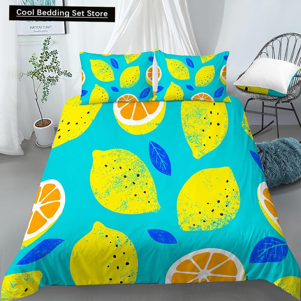 Постельный комплект с принтом лимонов Желто-зеленый Фруктовая тематика Розовый Пододеяльник Размер Кинг/Евро Милый Мультяшный 2/3 шт. Полиэстеровый Чехол для одеяла