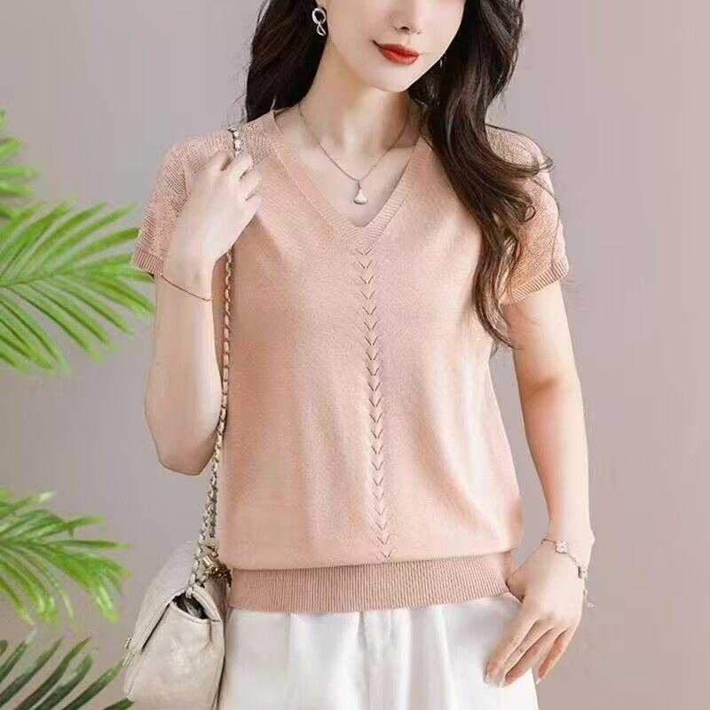 Женская вязаная футболка Летняя футболка для мамы среднего возраста Летняя одежда Футболка с коротким рукавом Женская футболка с V-образным вырезом