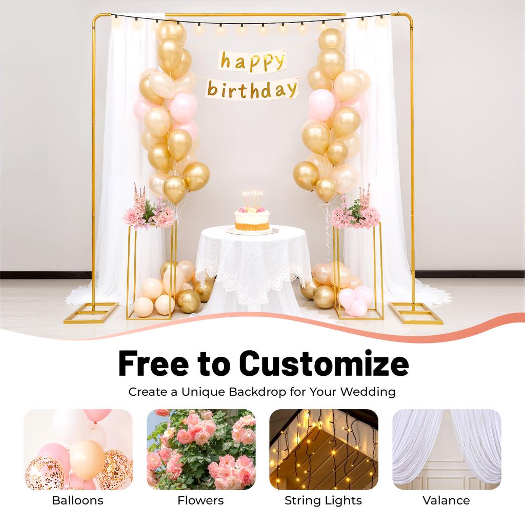 Gold Wedding Backdrop Stand Kit with 6.56FT Balloon Arch & 2 Flower Stands for Party Birthday Photo Booth Background Decor