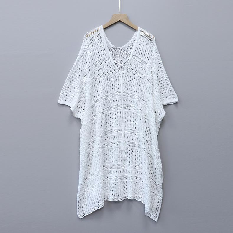 Summer Women's Swimwear Sunwear Cover-up Loose Beach Pullover Hollow Knit Seaside Holiday Outer Batshirt