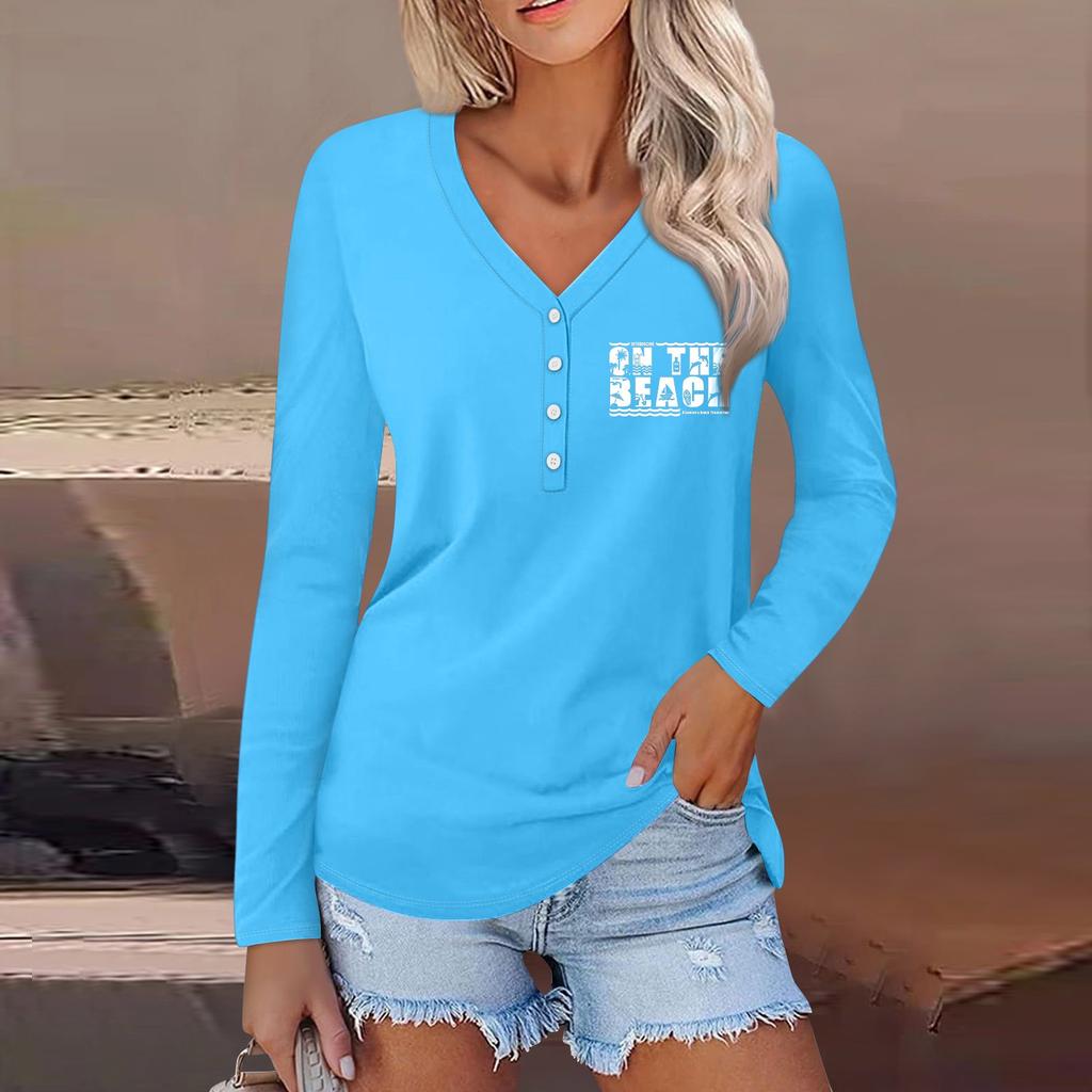 Женская повседневная мода сексуальный удобный пляжный стиль повседневный принт V-образный вырез пуговицы длинный рукав