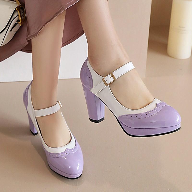 Fashion Sweet High Heels Pumps Mary Janes Shoes Woman Patchwork Patent Straps Women's Heeled Party Office Wedding Shoes Large Size 48