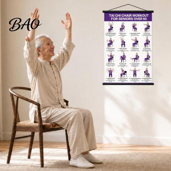 Wall Hanging Fitness Poster Tai Chi Training Scroll Poster, Sitting/Walking Movements Guide, Large Size Practice Tool High Definition Chart