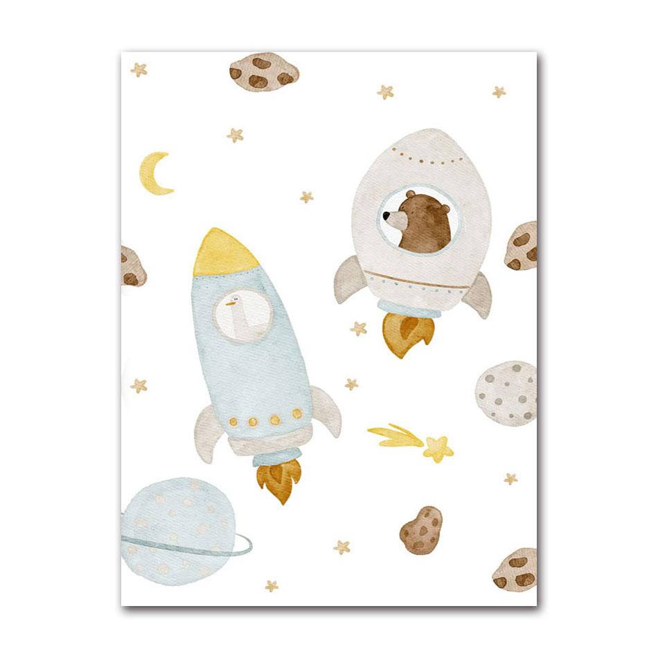 Cartoon Bear Squirrel Fox Hedgehog Spaceship Wall Art Canvas Painting Boho Posters And Prints Wall Pictures Baby Kids Room Decor