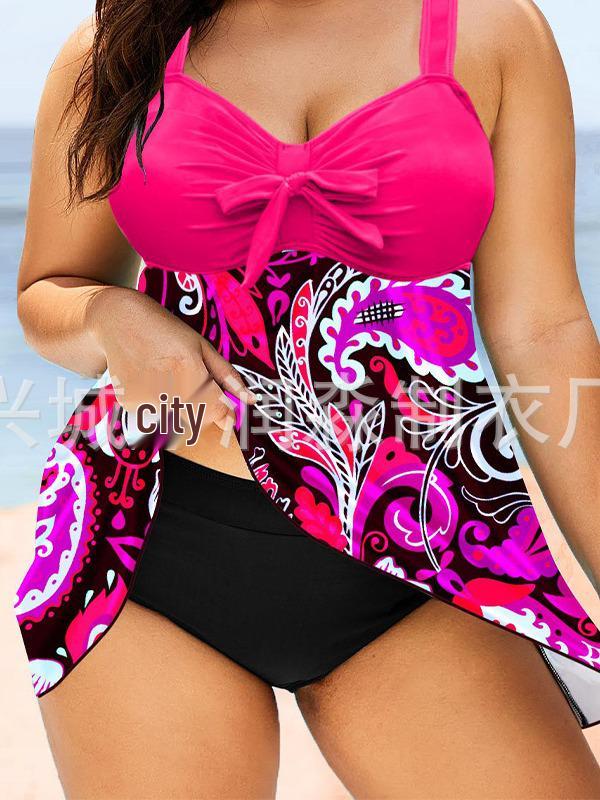 2024 Бикини большого размера с халтером и юбкой с разрезом - Быстросохнущий однотонный купальник без спинки для женщин