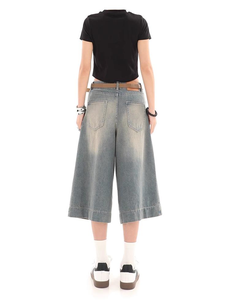 Джинсовые шорты с текстурой кошачьих усов в стиле ретро, женские винтажные широкие брюки в американском стиле, уличные летние женские свободные короткие джинсы с высокой талией в стиле ретро Y2k