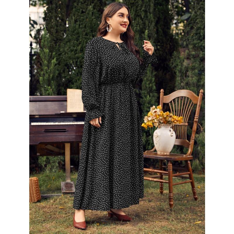 Платье макси в горошек большого размера с длинными рукавами и завязкой на вырезе для весны и осени