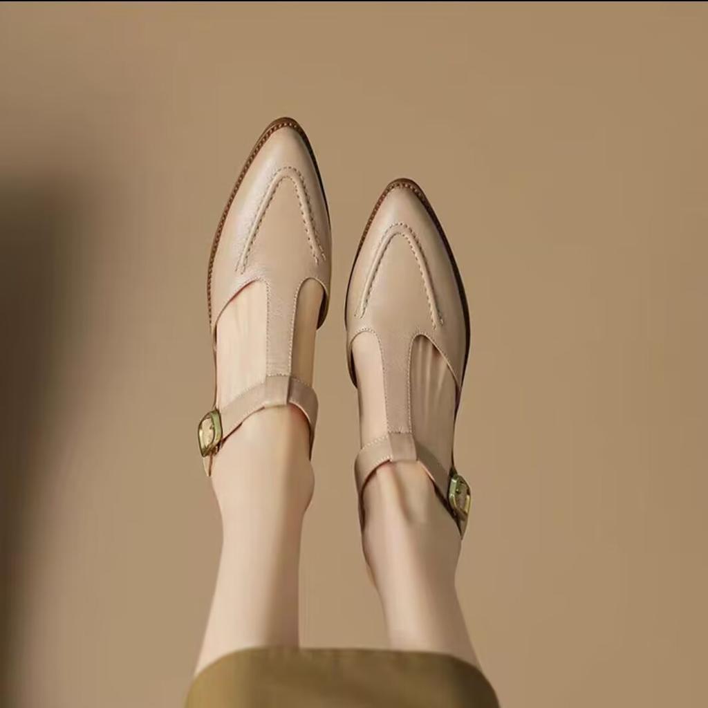 Retro Bag Head Sandals Women's 2025 Spring and Summer New Pointed T-shaped Shoes Thick Heel Soft Leather Hollow Simple Single Shoes