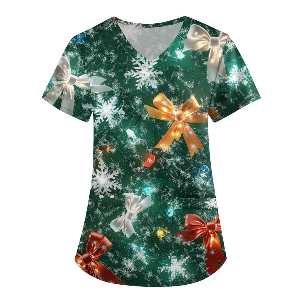 Women's Cute Printed Work Clothes V-neck Double Layer Pockets Basic Short Sleeve Top Pullover Christmas