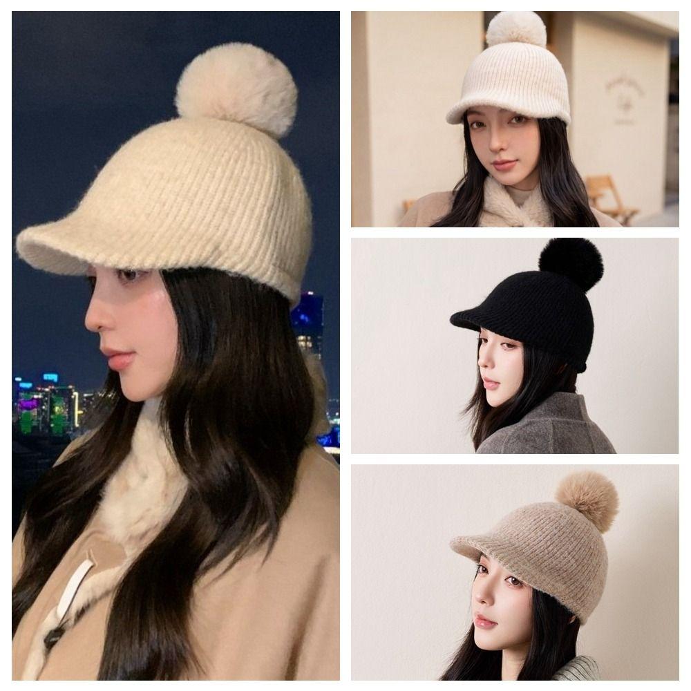 Windproof Knitted Baseball Cap Thermal Ear Protection Hat Pompom Plush Beanie Outdoor Activities