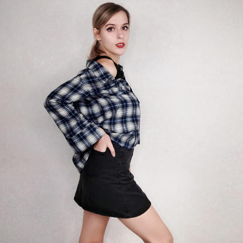 2 шт./комплект осенний костюм больших размеров с юбкой, женская клетчатая рубашка + джинсовая юбка, костюм из двух частей, женские наряды