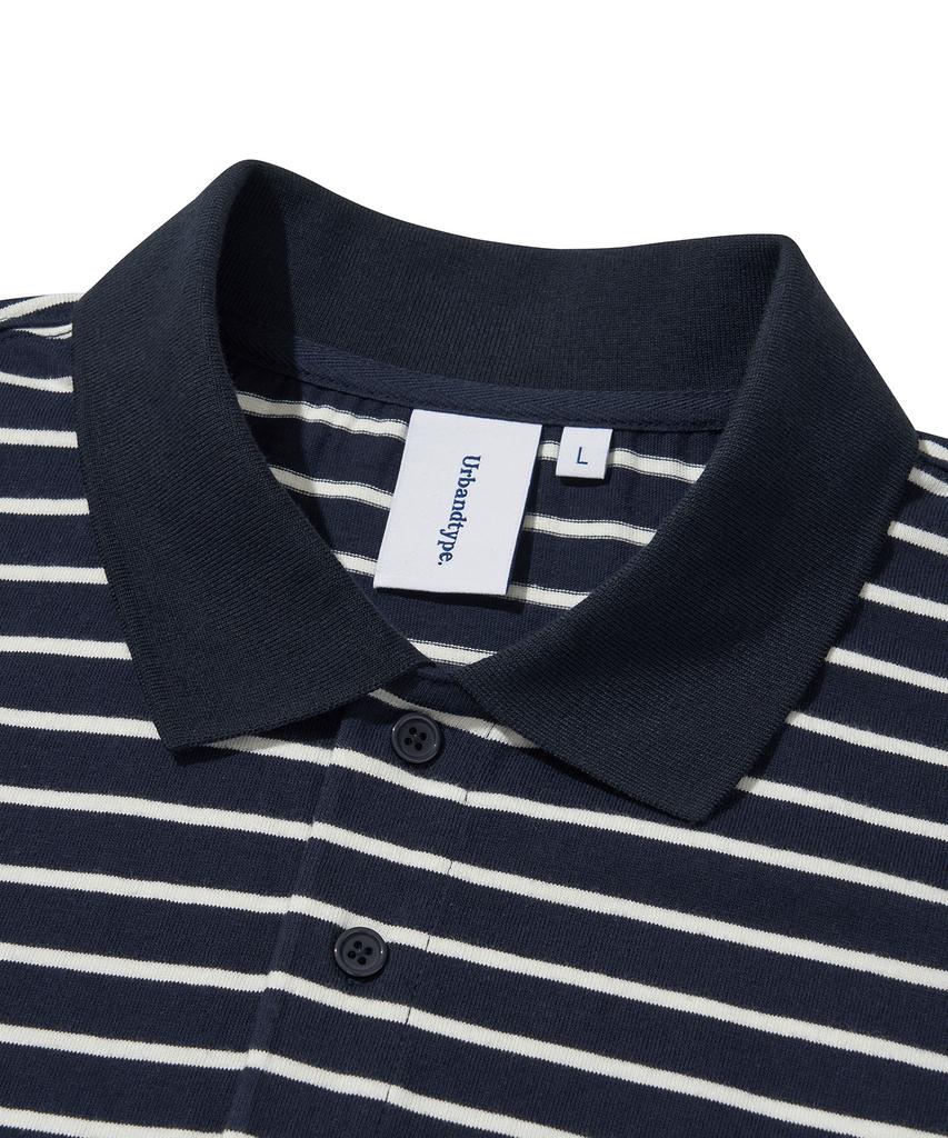 URBANDTYPE Paris Stripe Long Sleeve Polo Shirt_Dark Navy
