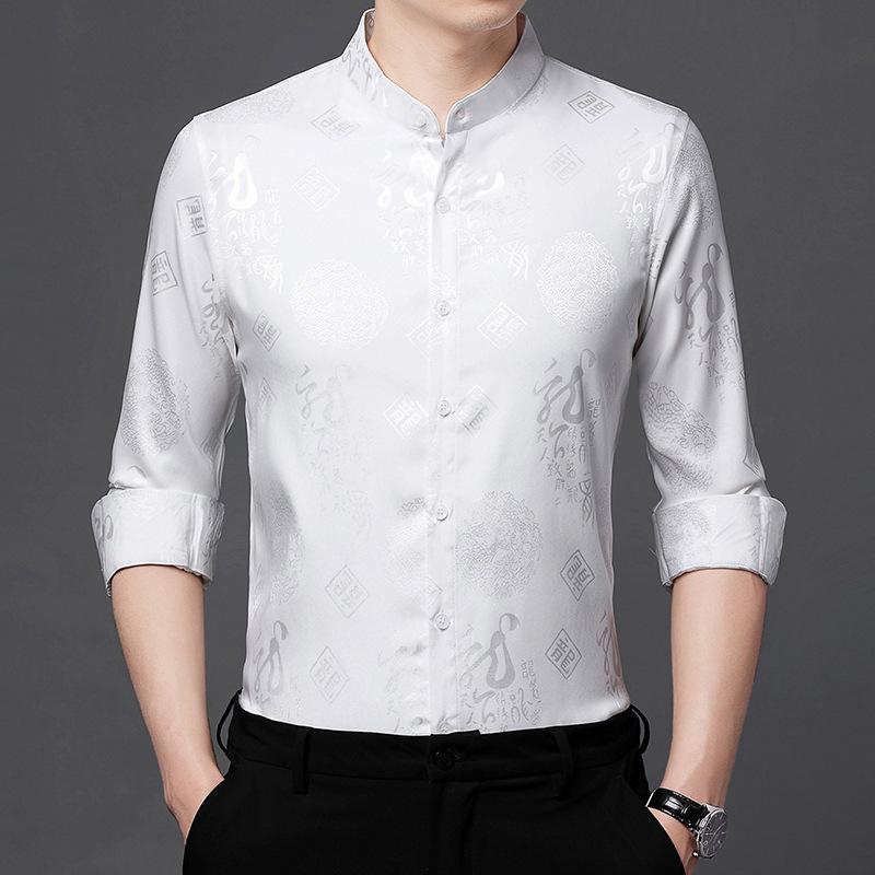 Мужская рубашка с длинным рукавом, новый стиль, повседневная, с тонким воротником-стойкой, для молодежи и людей среднего возраста, рубашка в китайском стиле, костюм Тан
