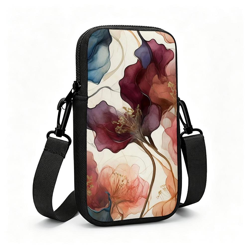 2D-Abstract Watercolor Floral Bloom Pattern Purple Maroon Pink Orange Blue With Golden Stamen Details Adjustable Removable Strap Crossbody Phone Bag