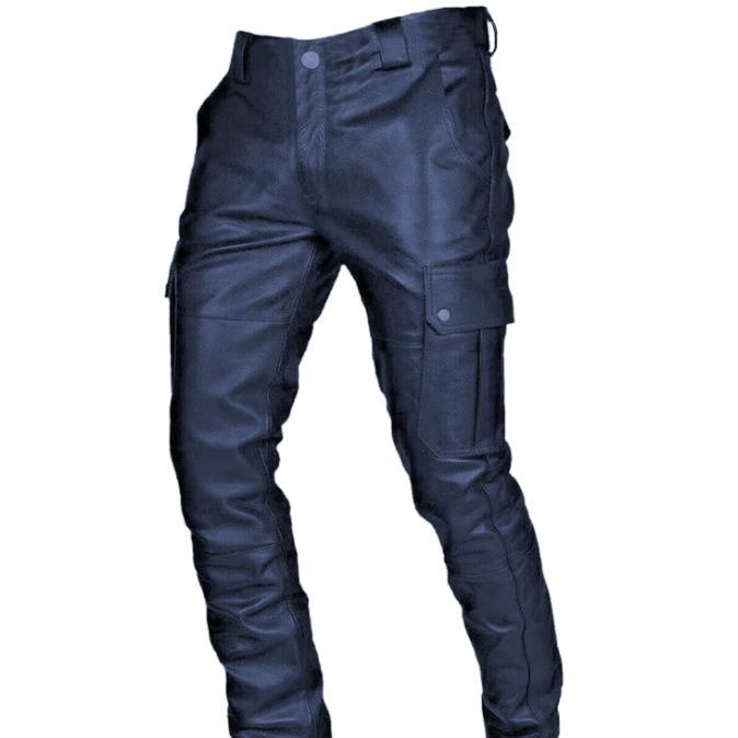 Casual Men's Leather Pants With Adjustable Straps Stylish Comfortable Fit Perfect For Everyday Wear Fashionable Leather Trousers For Men